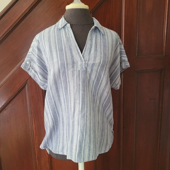 Sigrid Olsen Womens Striped Short Sleeve Button Tab Blouse Blue & White Linen La - Picture 1 of 7
